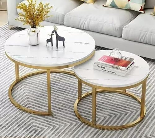 OHMG Set di 2 tavolino da salotto effetto marmo, tavolino per soggiorno, diametro 70 + 50 cm, grandi tavoli estraibili rotondi, aspetto marmo e struttura in acciaio dorato (bianco+oro-70 x 70 x 45 cm)