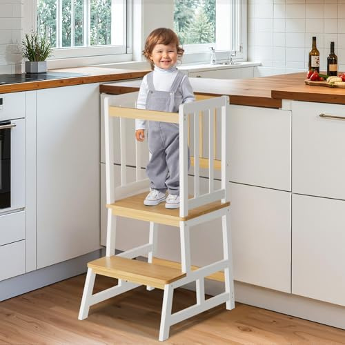 COSYLAND Torre Montessoriana Bambini – Torretta Montessoriana A Forma di “A” con Pedana Centrale Rinforzata – Torre Montessoriana da Cucina o Bagno, Convertibile in Doppio Sgabello – Bianco e Naturale