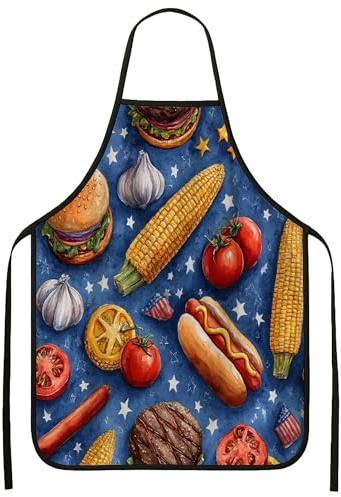 Delantales de barbacoa con comida americana, delantal culinario vintage para barbacoa para barbacoa de verano para el día de la independencia, Azul, 24x31 Inch