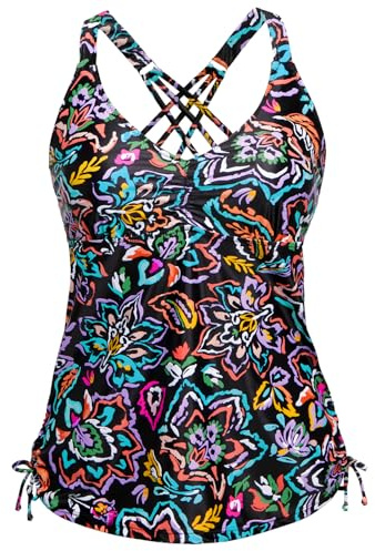 Tempt Me Women Colorful Paisley Tankini Top Only V Neck Swim Tops Tummy Control Bathing Suit Top No Bottom L