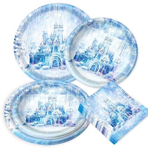 Frozen Birthday Party Supplies Snowflake Plates Napkin Frozen Party Disposable Tableware for Winter Wonderland Decorations Serve 20