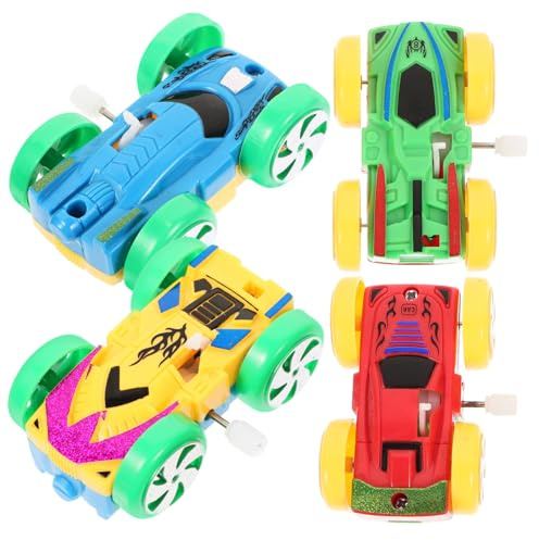 WHAMVOX Coche de Juguete de Cuerda 4 Piezas Doble Cara Mecanismo de Relojería Novedoso Favorece el Desarrollo Físico y Cognitivo Recomendado para Fiestas y Regalos