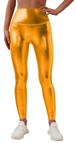 Generisch Leggings metallizzati da donna lucidi a vita alta Shiny Leggings in look bagnato 80 per feste, danza, discoteca, carnevale, cosplay, balletto, collant luccicanti, P Gold, M