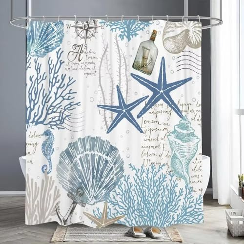 UUDIHO Sjöstjärna havsstjärna snäckskal duschdraperi havstema badrum duschdraperi polyestertyg (200 x 240 cm/79 x 94 tum (bredd x höjd)