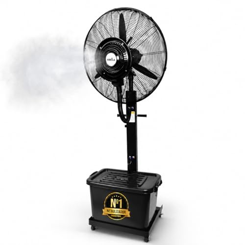 Ventilador de Pie Industrial 170 cm con Nebulizador y Depósito de Agua 42 L – 240W, 3 Velocidades, Flujo 9.870 m³/h, Alcance 11 m, Fijo y Rotatorio, con Ruedas, Negro (42 L / 9870 m3/h)