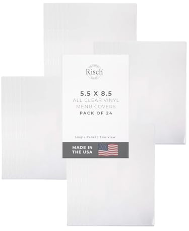 Risch Double-Sided All Clear Vinyl Menu Cover | Two-Sided 2 View Plastic Menu Holder | Slip in Top-Loading Cover | Wipeable, Reusable | 5.5” x 8.5” | Pack of 24