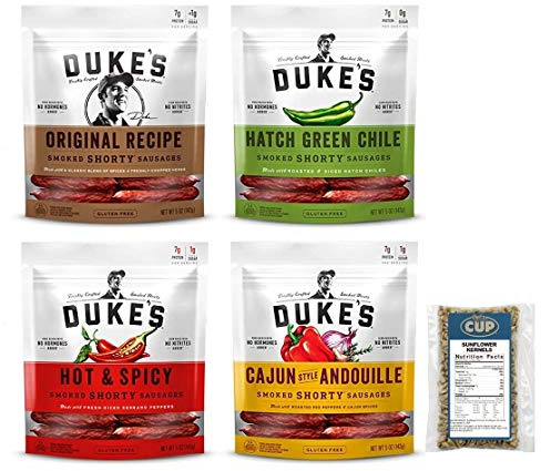 Duke's Shorty Smoked Sausages 5 Ounce, 4 Flavor Variety Pack with By The Cup Sunflower Kernels