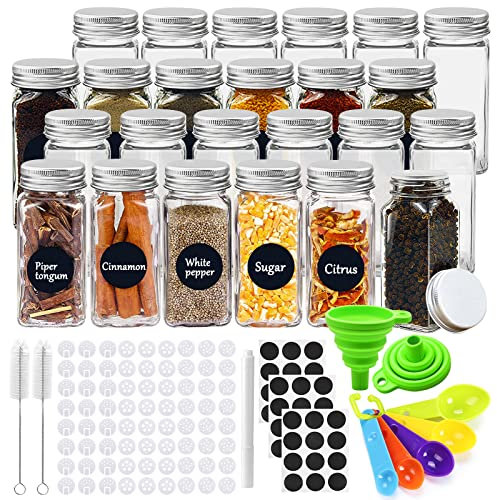 JOYBOY Pots à épices,24pcs Pot a Epices,Bocaux Epices pour Rangement Epices Cuisine,Bocaux à Épices avec Couvercle Epandeur à Épices avec Etiquette Epices,Saupoudreur,Entonnoir,Brosse Récipient