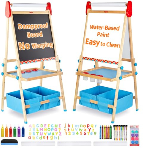 FUNLIO Staffelei Kinder von 3–8 Jahren, Anti-Warp-Board und Löschbarer Rahmen, Kindertafel mit Kreide und Magnet/Whiteboard, 3-fach höhenverstellbar, All-in-One staffeleien mit Papierrolle, Blau