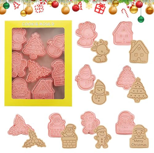 Viilich 8PCS Weihnachtsausstecher,Plätzchen Stempel Weihnachten aus Plastik,3D Plätzchenausstecher,Kinder Backen Küche Zubehör,Fondant Tortendekoration,Keks Form DIY