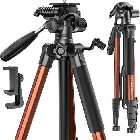 POLAM-FOTO Kamera stativ, 188 cm, Reisestativ mit Tragetasche, mit Handyhalterung, Aluminium, für Mirrorless Camera/DSLR/Handy/Camcorder, robuster Ständer,（Gewicht 1,27 kg, Tragkraft 3,99 kg） Orange