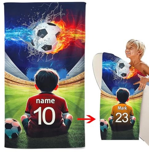 CHEFFS Personalized Football Beach Towel with Name, Personalized Football Towel with Name Bath Towel Microfibre Beach Towel 70 x 140 cm Bath Towel Sauna Towel Football (50 x 100 cm,1)