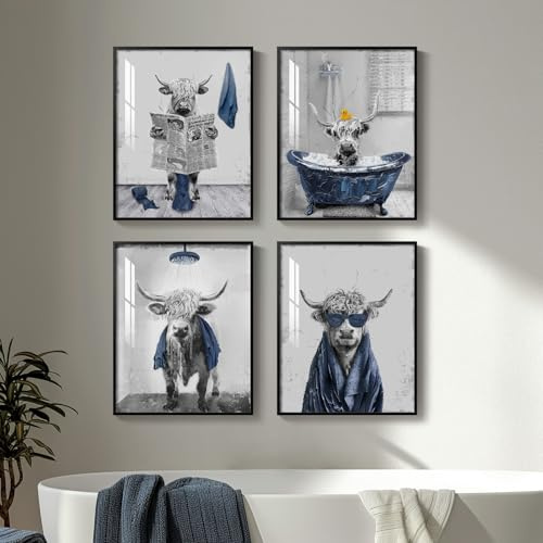 Framed Highland Cow Funny Bathroom Wall Art, 4 Piece Fun Animal Navy Blue Art Prints, Cute Cow Sitting on Toilet or in Bathtub or Reading Pictures Wall Decor for Toilet, Restroom, Washroom, Bathroom