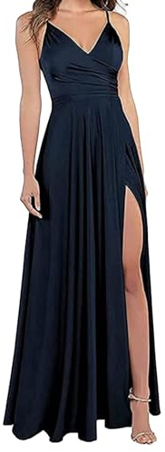 xxxiticat - Abito da donna, con spalline sottili, scollo a V, in satin, da damigella, abito formale ad A, da ballo, da sera, con fessura, Blu mezzanotte, XS