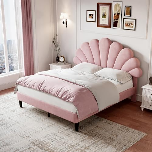 Merax 4ft6 Platform Bed Frame Double Upholstered with Adjustable Chic Petal Headboard, Solid Wood Slat Support, No Box Spring Needed, Easy Assembly,Pink Velvet