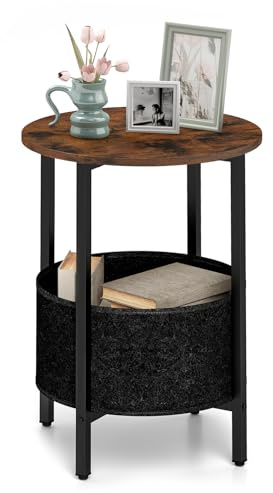 COSTWAY Small Round Side Table, 2-Tier Nightstand Sofa End Table with Fabric Storage Basket, Metal Frame Wooden Coffee Snack Tea Bedside Table for Living Room and Bedroom (Rustic Brown+Black)