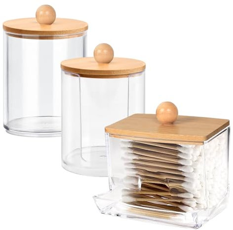 Zimoer 3 Pack Cotton Bud Dispenser - Cotton Pad Holder with Bamboo Lid, Clear Vanity Organizer for Coton Pads,Buds, Swabs and Small Accessories, Dressing Table Accessories