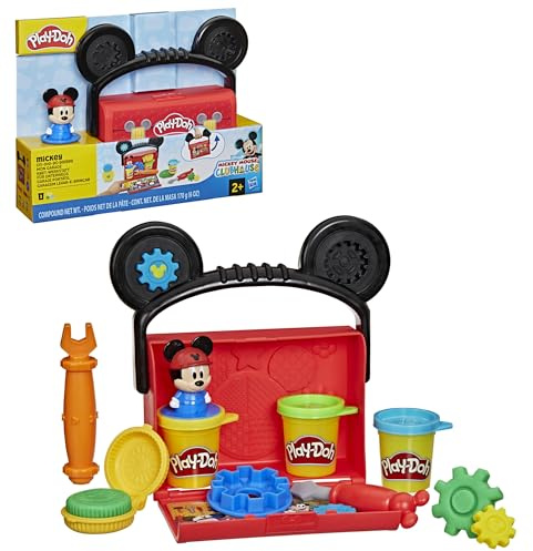 Play-Doh Disney Junior Mon Garage avec Mickey Mouse, Coffret de pâte à Modeler, Loisirs créatifs, Jouets préscolaires pour Enfants, dès 2 Ans, Bleu, Vert, Jaune