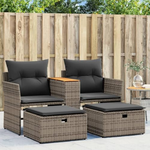 IKAYAA Gartensofa 2 Sitzer mit Hockern 2 Sitzer Sessel Rattansofa Balkonsofa Outdoor Sofa Terrassensofa Gartenmöbel Sofagarnitur Gartengarnitur-Grau-ohne Vordach