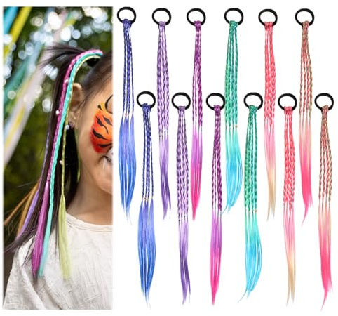 simarro Mèches de cheveux colorées pour filles, 45 cm de cheveux tressés avec bande élastique, extensions de cheveux pour enfants, filles pour fête, festival, décoration, cadeaux (6 couleurs, 12