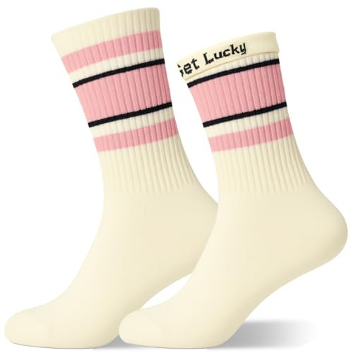 NREDXOON Abschluss Geschenk 2025 Glückssocken: Get Lucky Baumwolle Tennissocken mit Karte & Geschenkbeutel - Motiv Socken für Damen Gr.35-38(Weiß Rosa 1 Paar)
