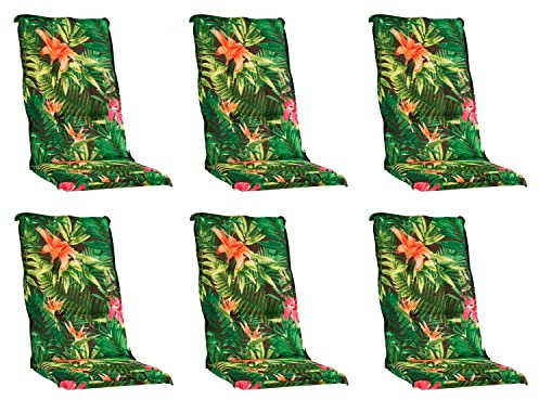 Gartenstuhlauflagen Hochlehner 6er Set - 120 x 50 cm - Grün - Dschungelmotiv - Baumwolle - Polyester - Sesselauflage Sitzpolster Stuhlauflage