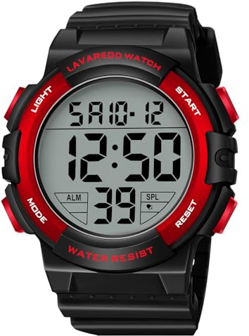 caprock Relojes Digitales para Hombre, Luminoso, Resistente al Agua, 5 ATM, Reloj Deportivo Digital con Correa de Goma, Reloj de Pulsera con Pantalla LED, Alarma, cronómetro, Negro-Rojo