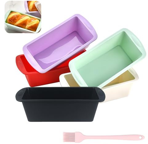 Urganvem Stampo Plumcake Silicone, 5 Pezzi Riutilizzabile Rettangolare Stampi in Silicone per Dolci, Con Pennello per Olio, Adatti per Pane Torte Cottura Congelamento (5 Colori)