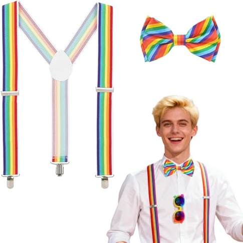 GWAWG Spalline arcobaleno con fiocco a farfalla per uomo e donna – Accessori per pagliaccio per Carnevale, Halloween, festa a tema, Circo, Fasching o Travestimento