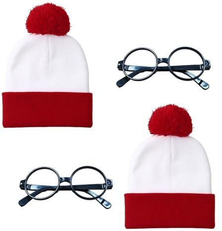 GYIOFAI 4 gorros de punto rojo y blanco con gafas de nerd negras, gorro a rayas para adultos, accesorios divertidos de disfraz de cosplay, para el Día Mundial del Libro, fiestas temáticas, Halloween