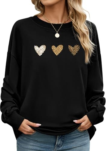 CMTOP Damtröja utan huva chic enfärgad tryckt tröja långärmad rundhalsad fjädertröja höst elegant ledig ledig tröja med ribbad fåll, Svart-c, M