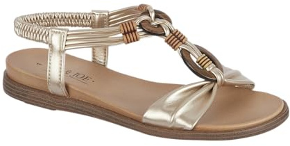 Jo & Joe Ladies Braided T-Strap Design Embellished Trim Elasticated Back Strap Flat Sandals (Gold Wood, UK Footwear Size System, Adult, Women, Numeric, Medium, 6)