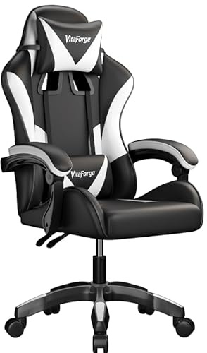 VitaForge Sedia da Gaming, Sedia per Computer Ergonomica a Schienale Alto Stile Racing con Poggiatesta e Supporto Lombare Regolabili, Girevole in Pelle PU per Adulti, Nero/Bianco