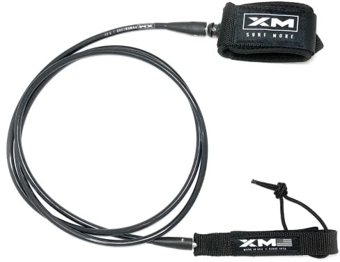 XM SURF MORE Premium Surfboard Leash, 7ft, Made in USA, Regular Cord Thickness (1/4in,7mm), Key Pocket, Unbreakable Swivels, Detachable Railsaver, All Black, Kink-Free [3 Year Warranty]