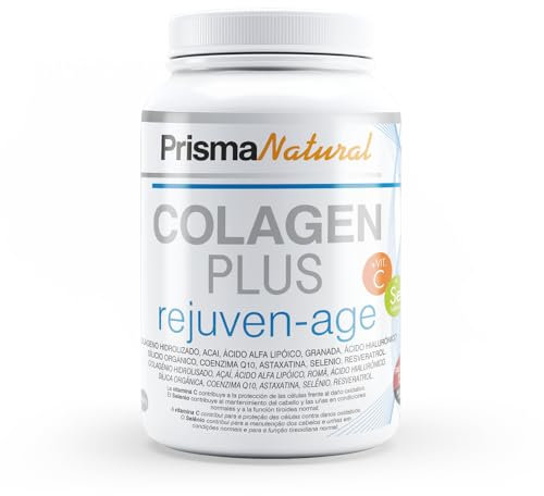 Prisma Natural Colagen plus rejuven-age Colageno en Polvo con Ácido Hialurónico y Vitamina C. Suplemento Antiedad para Articulaciones, Huesos, Piel, Uñas y Pelo, 300 g