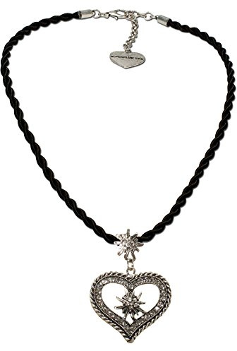 Alpenflüstern Bavarian drawstring cord necklace with rhinestone Edelweiss heart, Ladies costume jewelry, traditional german pendant necklace for Dirndl, Leather trouser, Oktoberfest (black)