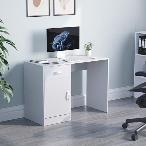 Vida Designs Hudson Computer Desk with Drawer and Door, Home Office PC/Laptop Table, Gaming Study Workstation Storage Cupboard Furniture, White