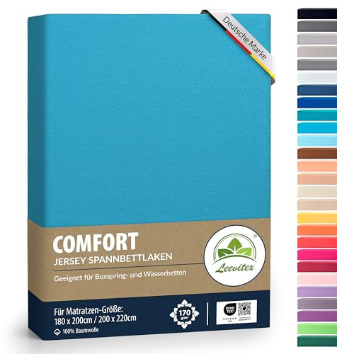leevitex® Premium Spannbettlaken 180x200–200x220 cm | 40 cm Steghöhe – für Standard-, Boxspring- & Wasserbetten | 100% Mako-Jersey-Baumwolle | ÖKO-TEX Zertifiziert | 170 g/m² | Türkis/Ocean