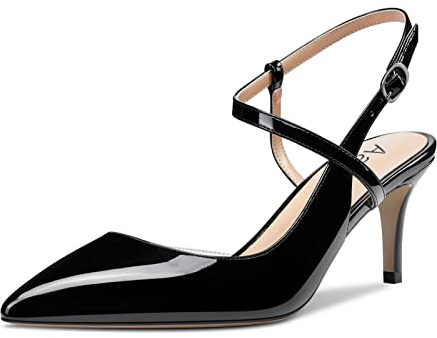 Aachcol Donna Slingback Pumps Cinturino alla Caviglia Scarpe Spillo Medio Tacco Heel Chiusa a Punta Scarpe 6.5 CM Nero Verniciata 40 EU