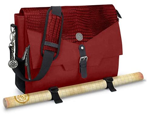 ENHANCE Player's Essentials DND-Tasche, Sammleredition - Umhängetasche aus Drachenhaut für 2–4 Bücher, Ordner, Würfel und Zubehör, mit 17-Zoll-Laptop-Steckplatz, Battlemap-Riemen (Drachen Rot)