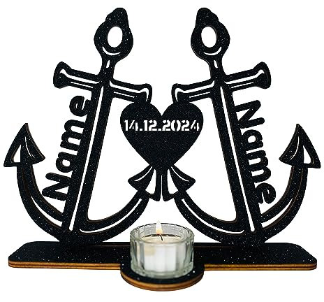 Waluna® Hochzeitsgeschenk Teelichthalter personalisiert mit Namen und Datum Liebesgeschenk Herz Individuelles Geschenk zur Hochzeit oder zum Jahrestag in 12 Farben Tischdeko (Doppelanker)