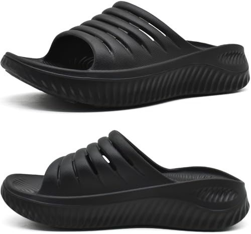 KuaiLu Womens Recovery Sandals Comfortable Plantar Fasciitis Arch Support Ladies Orthopedic Slip On Running Sport Walking Slides Thick Athletic Cushion Slippers Summer Outdoor Sliders Black Size 9