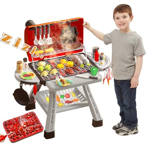 Kids BBQ Grill Playset, Play Kitchen Toys Grill with Smoke Sound Light Simulation Pretend Play Food for Toddlers 3-5 Camping Cooking Set Birthday Gifts Christmas for Grandkids