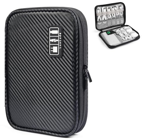 Luxtude Electronics Travel Organiser, Compact Cable Organiser Bag, Portable Cable Tidy Bag, Travel Cable Case Tech Organiser Pouch for Electronic Accessories, USB, SD, Charger, Drive (Carbon Black)