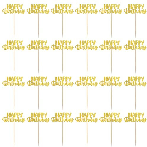 24 Stück Happy Birthday Tortendeko Geburtstag Cupcake Topper Glitzer Cake Topper Birthday Kuchen Topper Gold Cupcake Pick für Babyparty Kindergeburtstag Party Dekoration