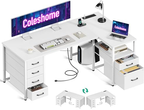 Coleshome Computer Corner Desk with Drawers, 140×80 cm L Shaped Office Desk with Power Outlet, Reversible Study PC Table with Storage for Bedroom, White