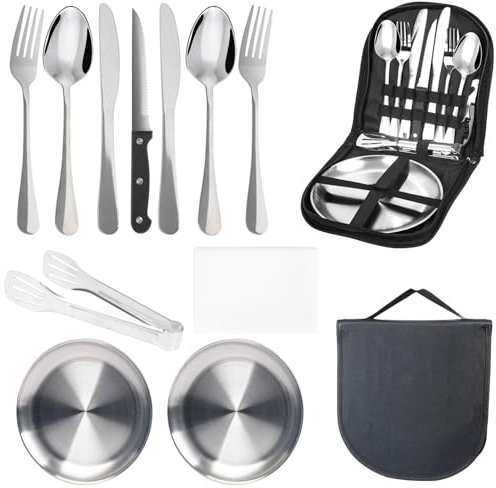 13-Stücke campingbesteck 2 personen,picknick set,edelstahl-gabeln-teller,messer und löffel,Inklusive tragbarer bestecktasche,wiederverwendbar, langlebig