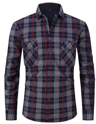 QIXING Men's Flannel Plaid Shirt Winter Fleece Lined Warm Button Down Shirt Long Sleeve Soft Jacket Coat(Gray Red, XL)