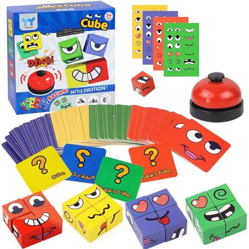 Holzwürfel Puzzle Bunte Zauberwürfel Baustein Spielzeug Gesichter Interaktion Emoji Blöcke Holz Lernset Würfelpuzzle für Kinder ab 3 Jahren