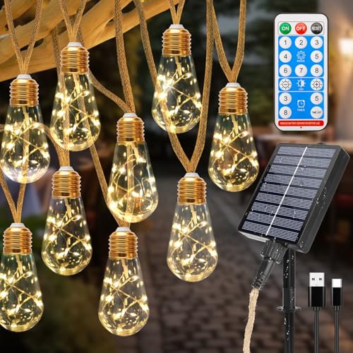 Coomoors Solar Fairy Lights Outdoor Garden, 8M 16 LED Shatterproof Bulbs Solar String Lights Waterproof, 8 Modes Garden Lights Outdoor for Patio, Yard, Festival, Parties (Warm White)